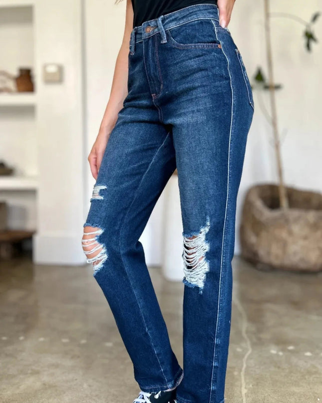 Judy Blue Full Size High Waist Rigid Magic Heavy Destroy Straight Jeans - Trendsi