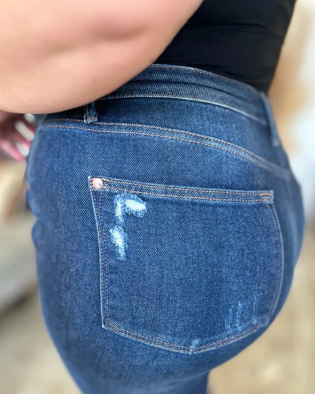 Judy Blue Full Size High Waist Rigid Magic Heavy Destroy Straight Jeans - Trendsi