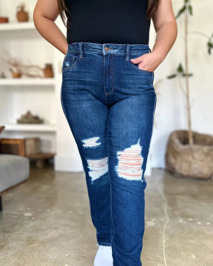 Judy Blue Full Size High Waist Rigid Magic Heavy Destroy Straight Jeans - Trendsi