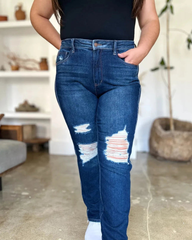 Judy Blue Full Size High Waist Rigid Magic Heavy Destroy Straight Jeans - Trendsi