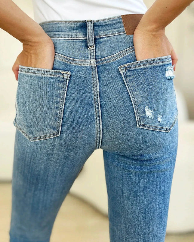 Judy Blue Full Size Mid Rise Destroy & Cuff Skinny Jeans - Trendsi