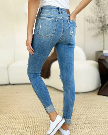 Judy Blue Full Size Mid Rise Destroy & Cuff Skinny Jeans - Trendsi