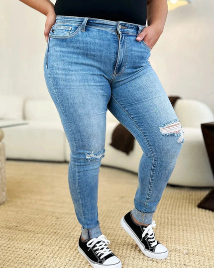 Judy Blue Full Size Mid Rise Destroy & Cuff Skinny Jeans - Trendsi