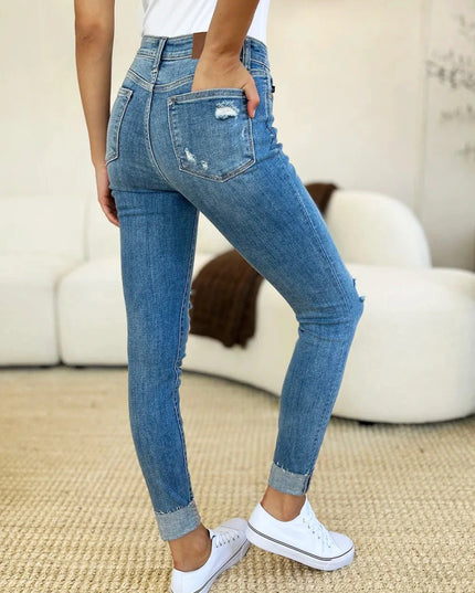 Judy Blue Full Size Mid Rise Destroy & Cuff Skinny Jeans - Trendsi