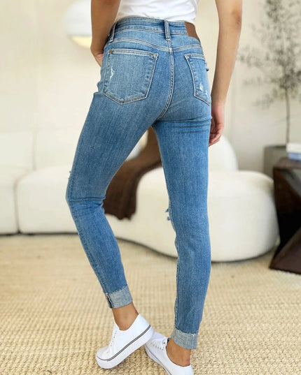 Judy Blue Full Size Mid Rise Destroy & Cuff Skinny Jeans - Trendsi