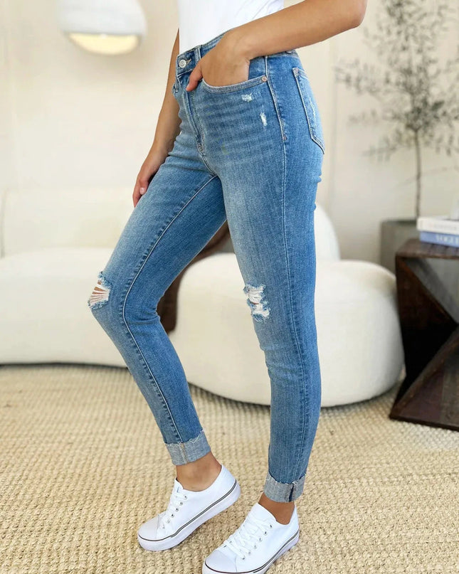 Judy Blue Full Size Mid Rise Destroy & Cuff Skinny Jeans - Trendsi