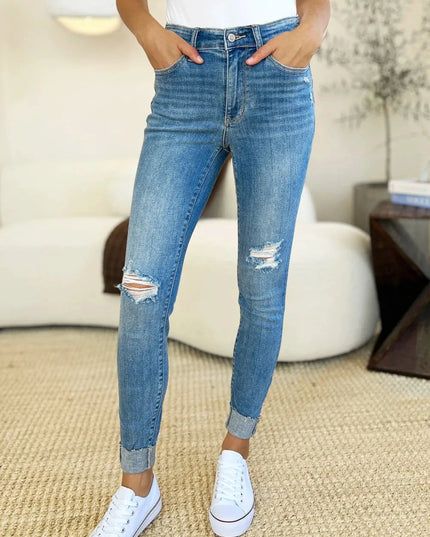 Judy Blue Full Size Mid Rise Destroy & Cuff Skinny Jeans - Trendsi