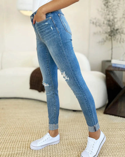 Judy Blue Full Size Mid Rise Destroy & Cuff Skinny Jeans - Trendsi