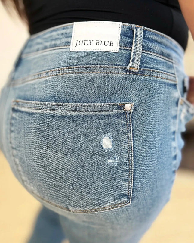 Judy Blue Full Size Mid Rise Destroyed Hem Distressed Jeans - Trendsi