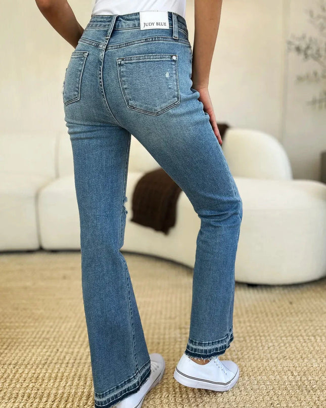 Judy Blue Full Size Mid Rise Destroyed Hem Distressed Jeans - Trendsi