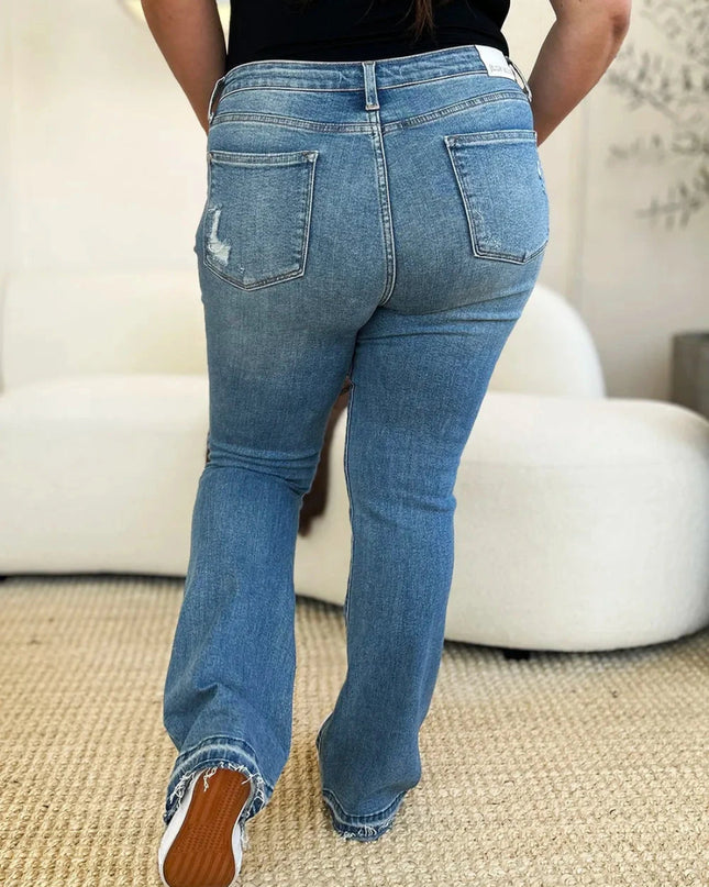Judy Blue Full Size Mid Rise Destroyed Hem Distressed Jeans - Trendsi