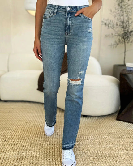 Judy Blue Full Size Mid Rise Destroyed Hem Distressed Jeans - Trendsi