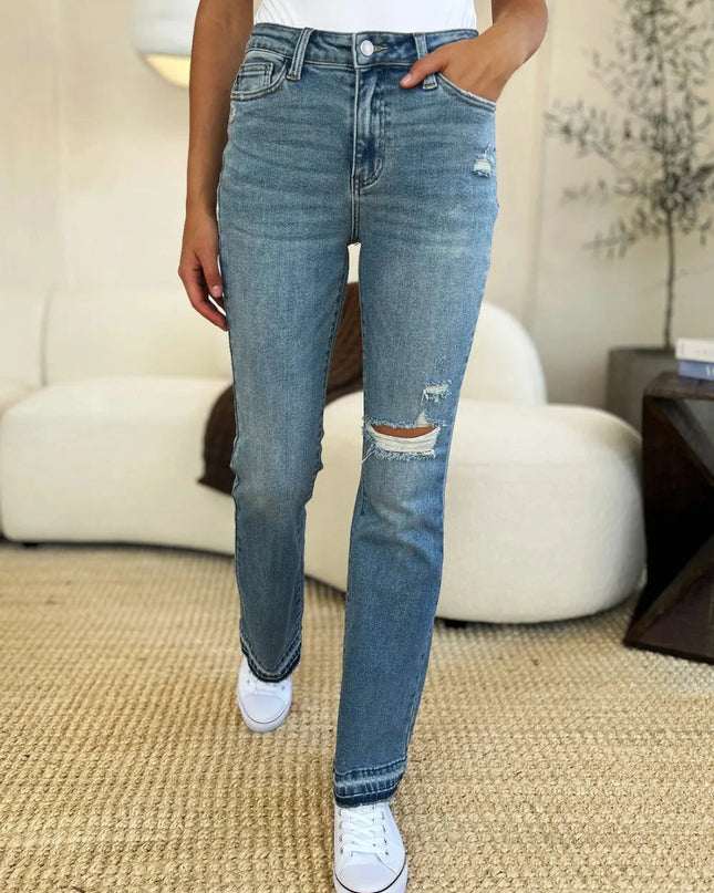 Judy Blue Full Size Mid Rise Destroyed Hem Distressed Jeans - Trendsi