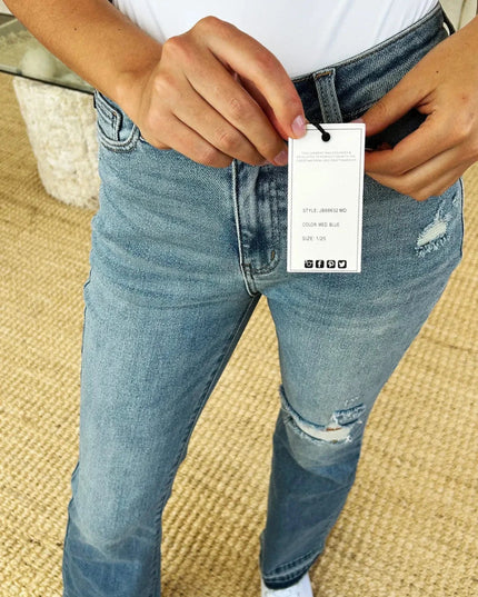 Judy Blue Full Size Mid Rise Destroyed Hem Distressed Jeans - Trendsi