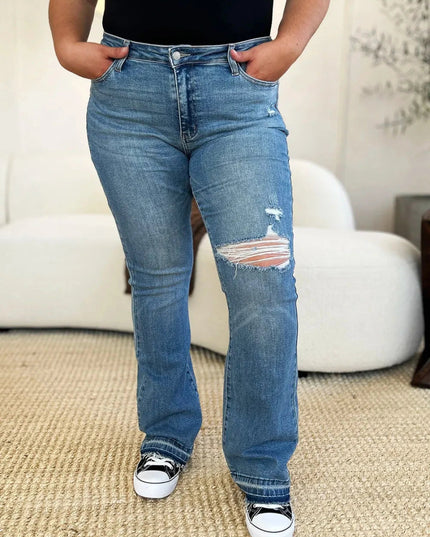 Judy Blue Full Size Mid Rise Destroyed Hem Distressed Jeans - Trendsi
