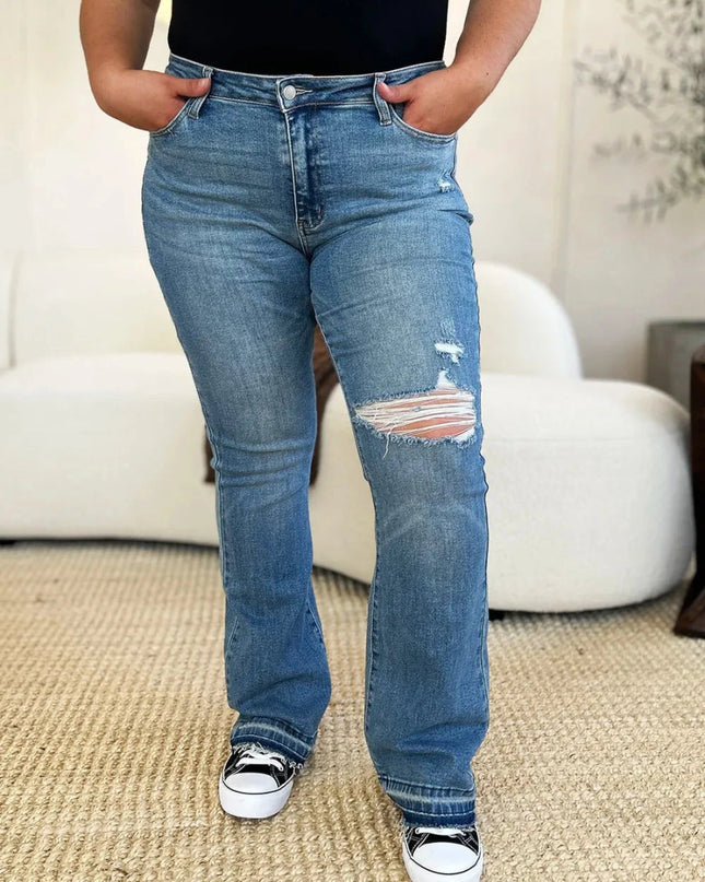 Judy Blue Full Size Mid Rise Destroyed Hem Distressed Jeans - Trendsi