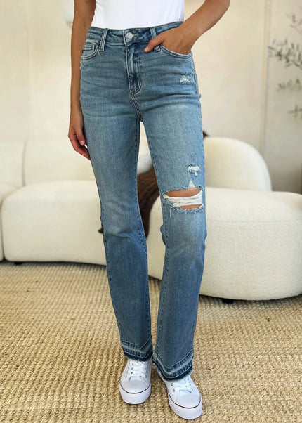 Judy Blue Full Size Mid Rise Destroyed Hem Distressed Jeans - Trendsi
