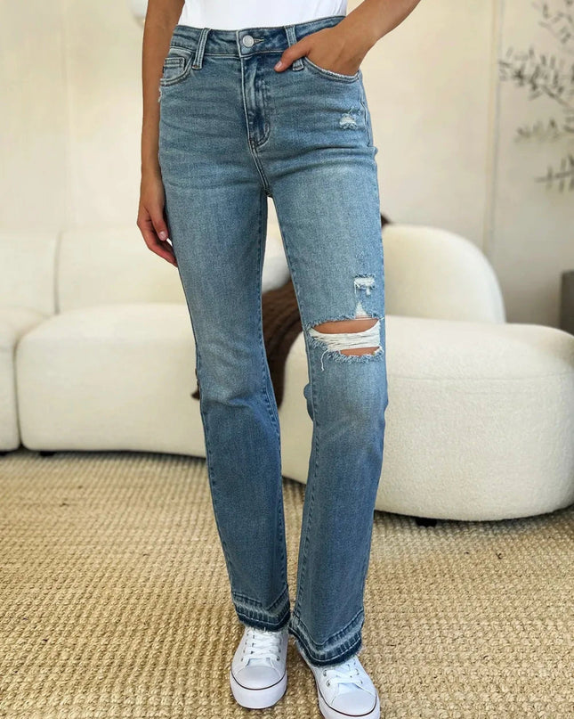 Judy Blue Full Size Mid Rise Destroyed Hem Distressed Jeans - Trendsi