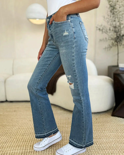 Judy Blue Full Size Mid Rise Destroyed Hem Distressed Jeans - Trendsi