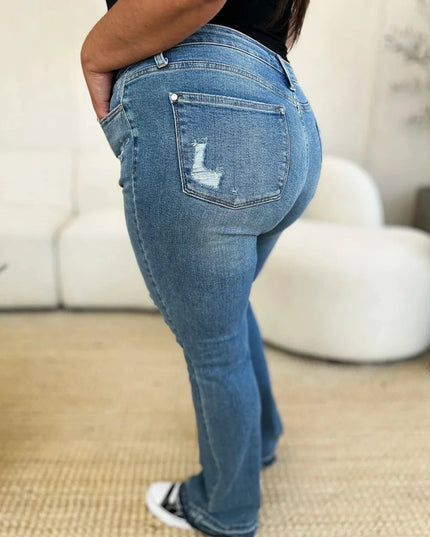 Judy Blue Full Size Mid Rise Destroyed Hem Distressed Jeans - Trendsi