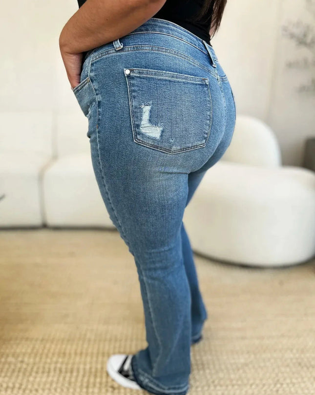 Judy Blue Full Size Mid Rise Destroyed Hem Distressed Jeans - Trendsi