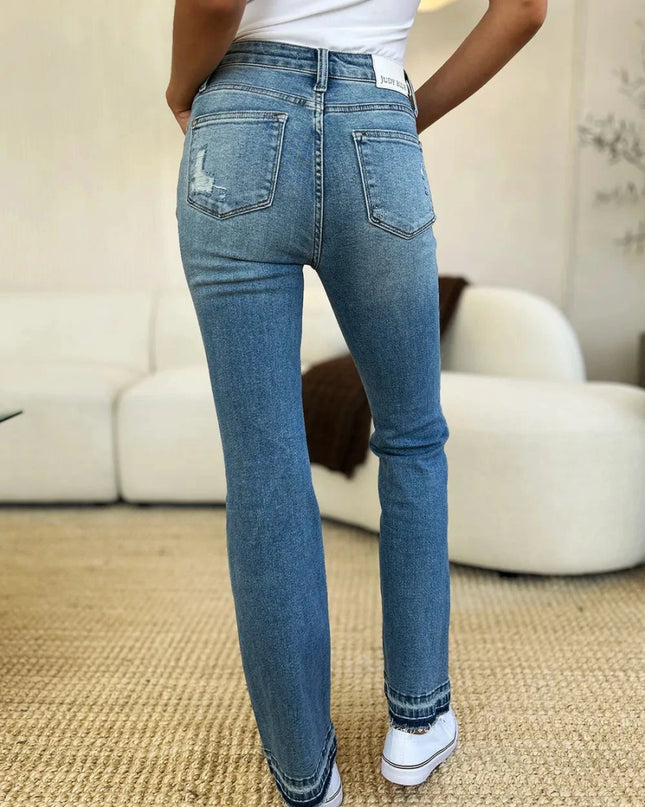 Judy Blue Full Size Mid Rise Destroyed Hem Distressed Jeans - Trendsi