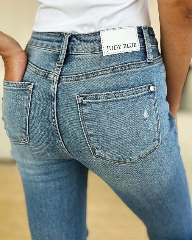 Judy Blue Full Size Mid Rise Destroyed Hem Distressed Jeans - Trendsi