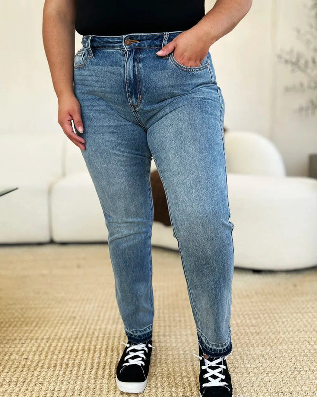 Judy Blue Full Size Mid Rise Rigid Magic Release Hem Jeans - Trendsi