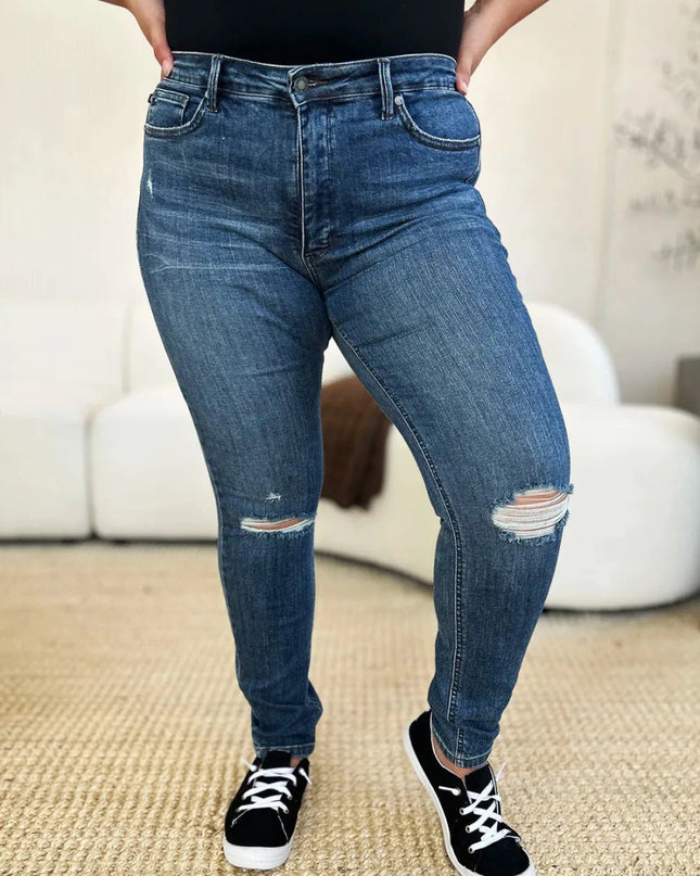 Judy Blue Full Size Mid Waist Distressed Slim Jeans - Trendsi