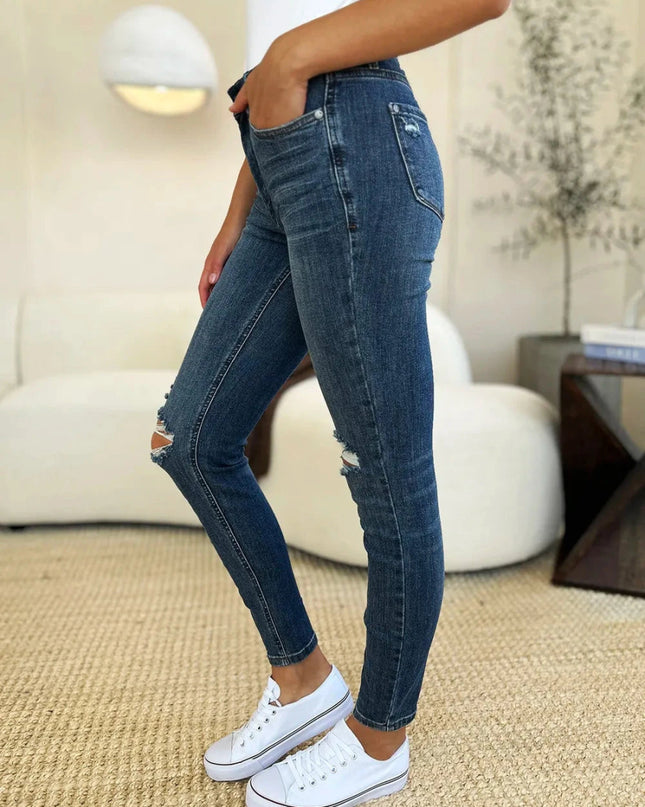 Judy Blue Full Size Mid Waist Distressed Slim Jeans - Trendsi