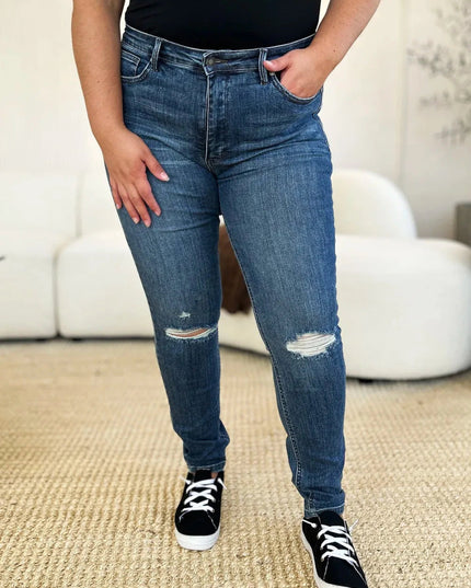 Judy Blue Full Size Mid Waist Distressed Slim Jeans - Trendsi