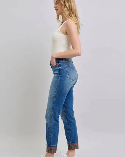 Judy Blue Full Size Plaid Print Cuff Straight Leg Jeans with Pockets - Trendsi