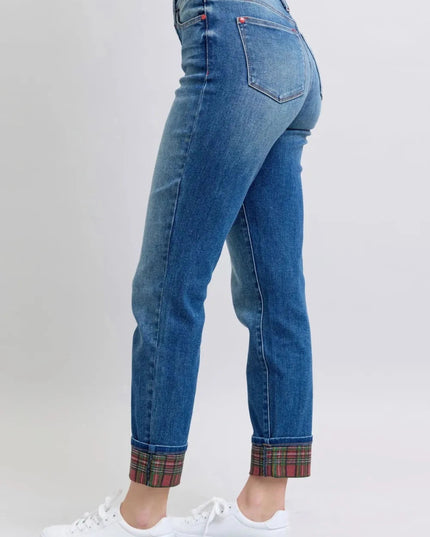 Judy Blue Full Size Plaid Print Cuff Straight Leg Jeans with Pockets - Trendsi