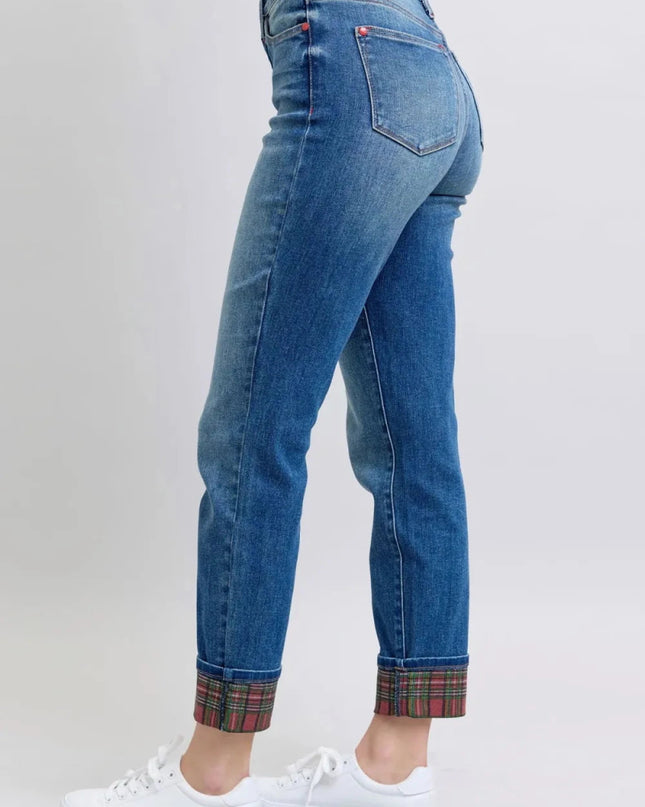 Judy Blue Full Size Plaid Print Cuff Straight Leg Jeans with Pockets - Trendsi