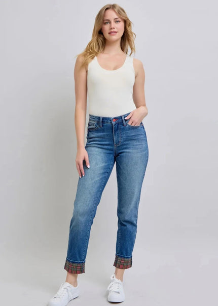 Judy Blue Full Size Plaid Print Cuff Straight Leg Jeans with Pockets - Trendsi