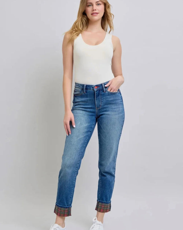 Judy Blue Full Size Plaid Print Cuff Straight Leg Jeans with Pockets - Trendsi