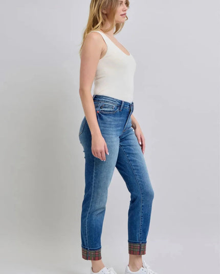 Judy Blue Full Size Plaid Print Cuff Straight Leg Jeans with Pockets - Trendsi