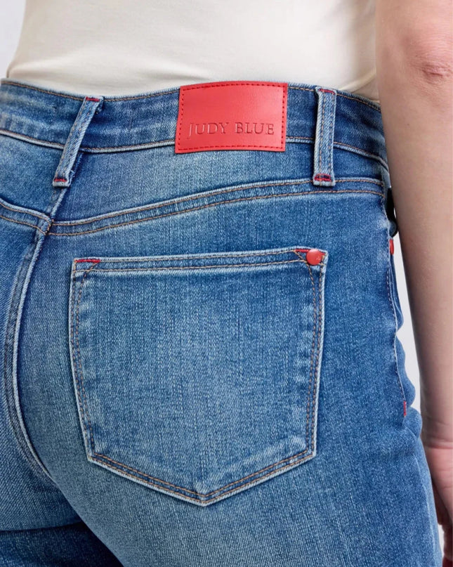 Judy Blue Full Size Plaid Print Cuff Straight Leg Jeans with Pockets - Trendsi