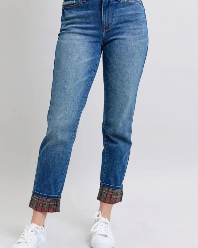 Judy Blue Full Size Plaid Print Cuff Straight Leg Jeans with Pockets - Trendsi