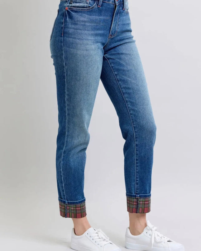 Judy Blue Full Size Plaid Print Cuff Straight Leg Jeans with Pockets - Trendsi