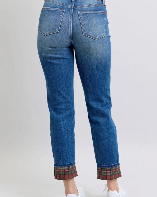 Judy Blue Full Size Plaid Print Cuff Straight Leg Jeans with Pockets - Trendsi