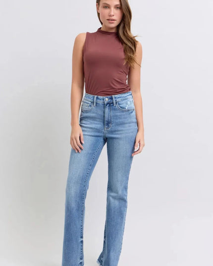 Judy Blue Full Size Raw Hem High Rise Bootcut Jeans - Trendsi