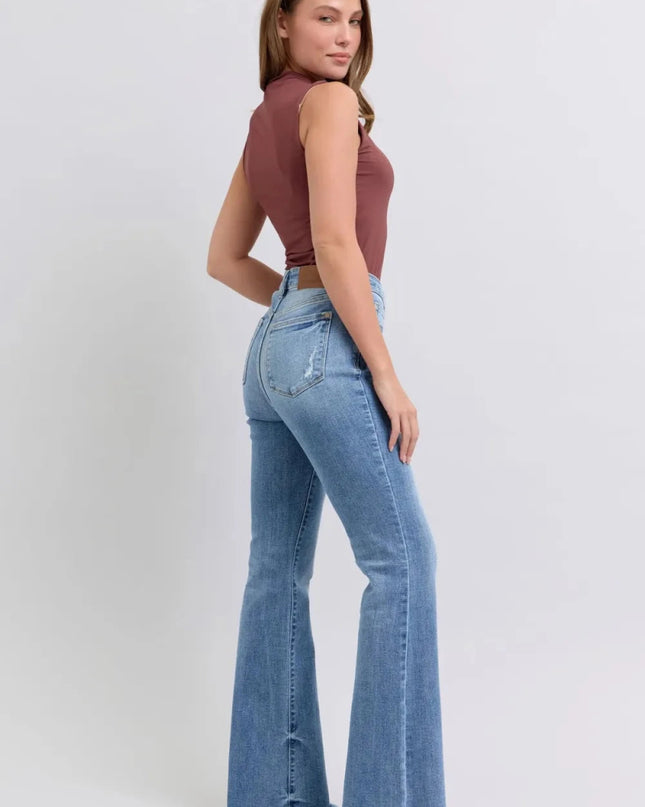 Judy Blue Full Size Raw Hem High Rise Bootcut Jeans - Trendsi