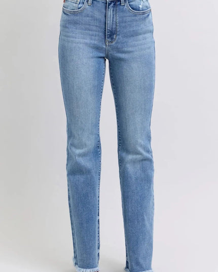 Judy Blue Full Size Raw Hem High Rise Bootcut Jeans - Trendsi