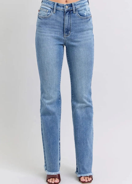 Judy Blue Full Size Raw Hem High Rise Bootcut Jeans - Trendsi