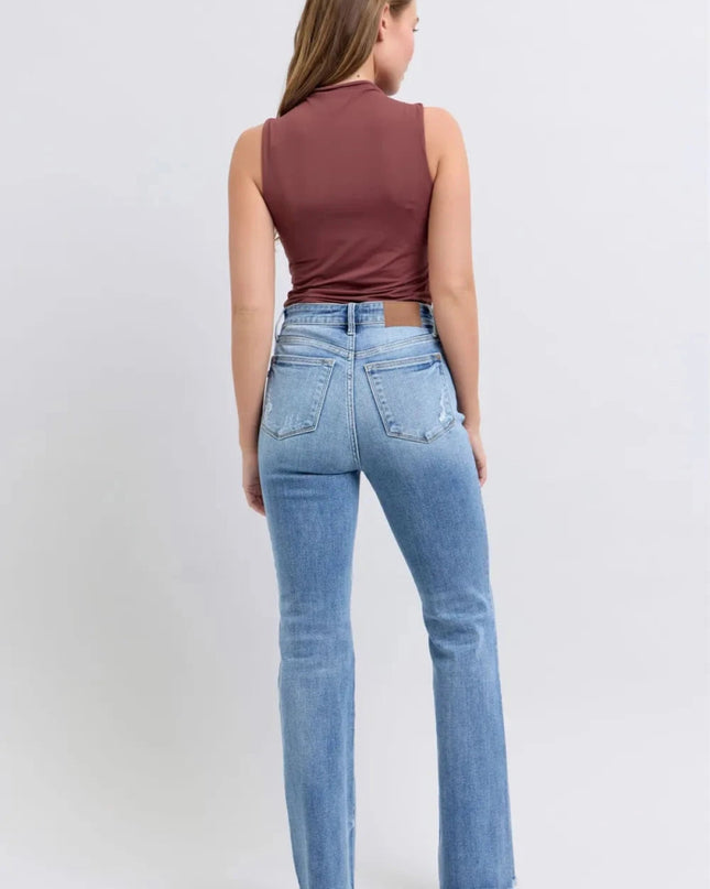 Judy Blue Full Size Raw Hem High Rise Bootcut Jeans - Trendsi