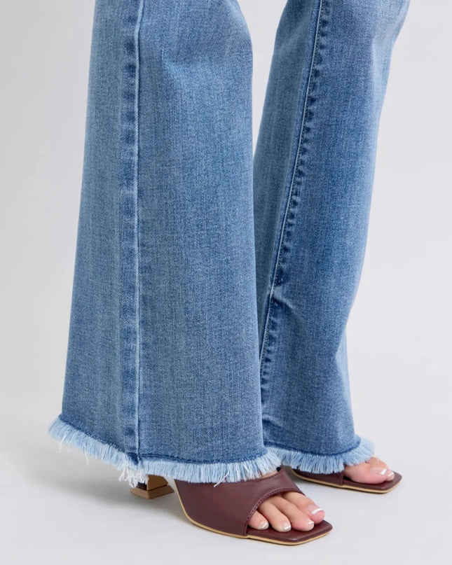 Judy Blue Full Size Raw Hem High Rise Bootcut Jeans - Trendsi