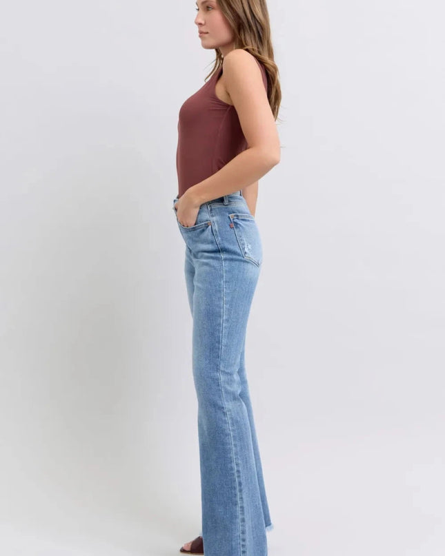 Judy Blue Full Size Raw Hem High Rise Bootcut Jeans - Trendsi