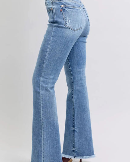 Judy Blue Full Size Raw Hem High Rise Bootcut Jeans - Trendsi