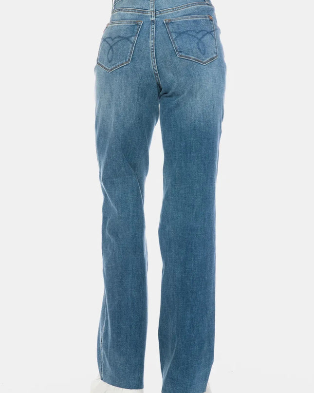 Judy Blue Full Size Tummy Control Cut Raw Hem Straight Jeans - Trendsi